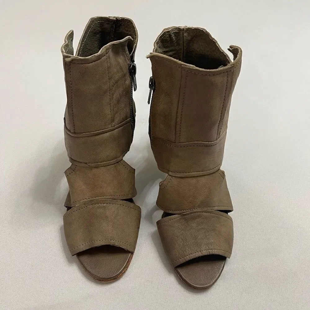 Free People Effie Taupe Leather Peep Toe Ankle Heels Sandal Bootie Size 38 US 8